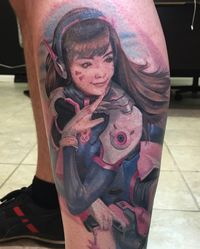 D. Va from Overwatch leg piece tattoo. Original art by Artgerm. Tattoo by Dusty Murphy of Iron Crow Inc