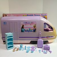 Very Good Used Condition 2001 Barbie Travel Train Real Train Sounds Electronic Moving Window Push Buttons To Record And Play Back Announcements And To Play Train Sounds Some Fading On Front From Being Displayed Near A Window. Comes With Original Box And All Accessories Seen. A Third Bed Stacks On Top Of Bottom Bunk When Not Being Used. It Can Come Out And Stand On Legs For A Third Passenger Or To Make The Bottom Bunk A Double. Vanity Folds Out From Bathroom, Mirror Swings Up And Faucet Flips Up. Table Flips Up And Slides Into Place. Includes: Train, Food Cart, Dishes, Only One Utensil (Spoon) And Other Kitchen Play Pieces, Suitcase, Hairdryer, Hairbrush, Toothbrush, Pretend T00thpa