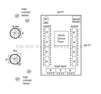 30X60 Tent with two rows of 8ft guest tables down the sides of the tent, head table at the top and dance floor in the middle. A great alternative to having your dance floor outside - put it smack dab in the middle of the tent (also great for rain plans!). Buffet, bar and cocktail tales outside with umbrellas for coverage and lighting.