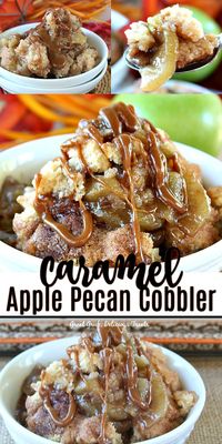 This Caramel Apple Pecan Cobbler is loaded with tender green apples, caramel, pecans and drizzled with caramel. #caramelapples #appledesserts #dessertfoodrecipes #yummy #greatgrubdelicioustreats