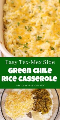 This Cheesy Green Chili Rice Casserole is a quick and easy side dish to serve alongside any of your favorite Tex-Mex dishes.  It has all of the cheesy, creamy comforting goodness that you look for in a rice casserole, and it’s a perfect way to use up leftover rice.  #rice #texmex #ricecasserole #mexican food