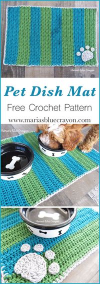 Make this easy mat for your dog's food dish. Free pattern on Maria's Blue Crayon blog. #easy #free #pattern #dogmat #dishmat #dogbowl #freepattern #crochet