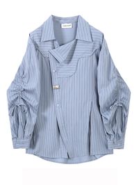 LANMREM Blue Striped Shirt Women's Lapel Pleats Drawstring Long Sleeves Loose Chic Shirts Female Top 2024 Summer Autumn CP2775