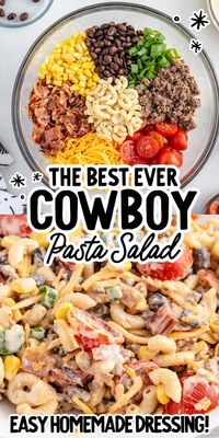 Loaded with plenty of tasty ingredients and covered in a creamy and flavorful dressing, this cowboy pasta salad is a filling meal on its own.