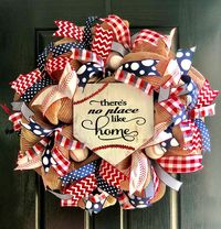 Baseball Wreath, Baseball Decor, Baseball Door Hanger, Baseball Mom, Baseball Dad, Baseball Decorations  This mesh baseball beauty is made of layered red & natural mesh. Coordinating red, white, and blue ribbons are woven around a home plate sign that reads "there's no place like home". Completing this wreath are three baseballs are wired to the frame. This wreath is made to order so there will be variation in the final appearance. Once completed it measures approximately 22-24 inches. Custom team colors available upon request!