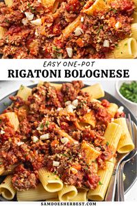 A wholesome and comforting rigatoni bolognese! Ground beef, sautéed veggies, red wine, tomatoes, and classic Italian seasoning. This delicious meal comes together in one pot, in under 30 minutes!