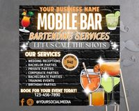 MOBILE BARTENDING FLYER TEMPLATE Buy today Edit today, Use TODAY! This template is not only easy to use but also editable that way you can add on to it! Easily customize this printable Mobile Bartending flyer template with your information and branding in Canva, and print it yourself at home or have it professionally printed. No software or experience needed. Canva is completely FREE and easy to use! 🔳 PLEASE NOTE, THIS IS A INSTANT DOWNLOAD DIGITAL FILE - no physical item will be shipped! ♕THIS PURCHASE INCLUDES♕ ♥ 1 Canva template 1080x1080 px ♥ 1 PDF file with a link to edit this template in Canva ♥ Lifetime Access to the template! ⚠️ No source files are included, this template is to be edited on Canva only. ⭐️ HOW IT WORKS: 1. Purchase the listing 2. Download the PDF containing link t