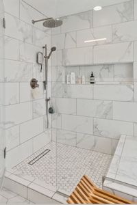 Walk in Shower Ideas, Shower Makeover, Shower Tile Combination Ideas, White Shower Ideas, white bathroom, modern bathroom, Bathroom Decor Ideas, Bathroom Remodel, Bathroom Ideas, Bathroom Design, Bathroom Interior, Bathroom Tile Ideas, Shower Tile Ideas, Shower Floor Tile Ideas, Walk-in Shower, Bathroom Inspiration, marble shower tiles