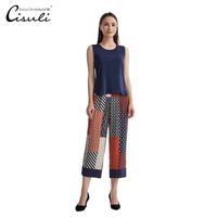 CISULI 100% silk crepe printed trousers breathable cool summer pants