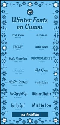 Cozy up your designs with 25 best winter fonts on Canva. Whether you're working on holiday cards, Pinterest pins, or a custom Christmas menu, these fonts will add the perfect touch of winter magic. Find more Christmas fonts, holiday fonts, winter fonts, and Canva Cheat Sheet at madebymelody.co.