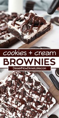 Cookies and Cream Brownies take boxed brownie mix up a notch with Oreo cookies inside and out, all with a sweet marshmallow frosting and drizzle of fudge sauce. 