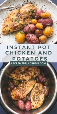 This is hands down the BEST Instant Pot Chicken and Potatoes recipe you’ll ever try. Juicy ranch-seasoned chicken breast and parmesan potatoes cooked in 30 minutes in your pressure cooker – it doesn’t get easier than this! | lecremedelacrumb.com #chickenrecipes #instantpot #potatoes #quick #easy #30minutemeal #pressurecooker #deliciousmeal