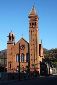 https://flic.kr/p/qs8Ppz | St. John Gualbert Cathedral, Johnstown, PA | This landmark Johnstown church was built in 1896 after the previous cathedral burned in the 1889 flood. It is notable for its early use of structural steel in a church and remains a cathedral for the Altoona-Johnstown diocese.