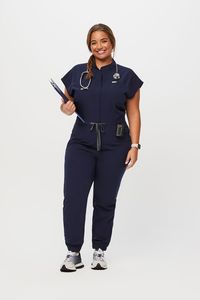 Why We Love ThisCasual and convenient. The FIONx Rafaela ScrubJumpsuit™ features nine pockets, a high rise waistband and gathered elastic cuffs for the best all-in-one option.   Mandarin collar with hidden center front zipper closure 'Weve got you covered' quote on inside placket   Total of nine pockets  Two chest pockets  Two hand pockets  Two drop zipper pockets at waist  Two back drop pockets  One pen sleeve pocket Mandarin collar with hidden center front zipper closure  High rise waistband w