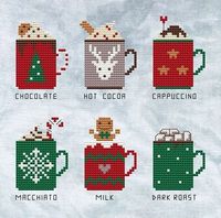 Cross stitch pattern from Cute Embroidery By Kate featuring 6 mugs filled with Christmas coffees and hot chocolates!    Model stitched on 14 Ct. Aida with DMC floss. Stitch Count: 80 x 79. Finished size: 5.71" x 5.64".