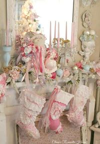 A Beautiful Pastel Christmas Mantel!!! Bebe'!!! Love the Great Christmas Stockings!!!