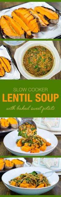 Slow Cooker Lentil Soup with baked sweet potato - a comforting vegan and gluten free crock pot recipe | VeggiePrimer.com