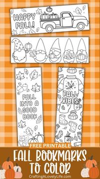 These free printable Fall Bookmarks to color are a super fun way to celebrate the start of the Fall season! These bookmarks are printable, so you can print as many copies as you need!  Free Coloring Page | Coloring Page Bookmarks | Cute Printables | Printable Coloring Page | Coloring Page for Kids | Fall Preschool Printable | Kindergarten Printable | Printable for Kids | Cute Fall Coloring Pages