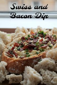 Swiss and Bacon dip is pretty much the best thing I've ever eaten. Cream cheese, shredded Swiss, green onions, and crispy bacon all get baked in the oven then scooped into a sourdough bread bowl for the absolute best party food of your life. You might want to double this recipe because people won't want to stop eating. #partyfood #hotdip #appetizer #baconrecipe #diprecipe