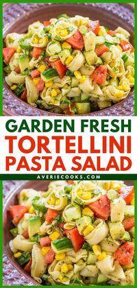 Make this vegetarian pasta salad recipe for your Memorial Day BBQ! It's an easy side dish that's ready in just 15 minutes! Tossed in a lemon vinaigrette with cheese tortellini and green fresh vegetables, this spring or summer salad is healthy and delicious!