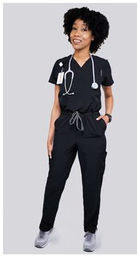 Black Jumpsuit scrub. First time ever! Only at this Joccini store.  Easy breezy all day comfort with zipper at the crotch goes all the way back for bathroom access. Comes in XS, S, M, L, Xl, 2xl 3xl sizes