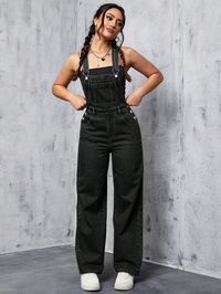 Black Casual Collar Sleeveless Denim Plain Overall Embellished Non-Stretch  Women Clothing