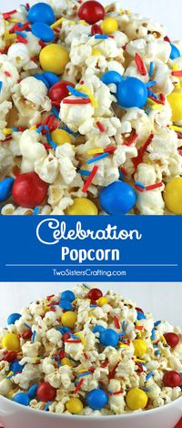 Celebration Popcorn - sweet, salty, delicious colorful and chock full of crunchy chocolate candy. Yum, yum, yum. This fun popcorn treat would be a fun dessert for a Beach Ball Pool Party, a Circus Party, a Curious George Party, a Superhero Party or a Sesame Street Party. Pin this easy to make snack for later and follow us for more fun Popcorn recipe ideas.