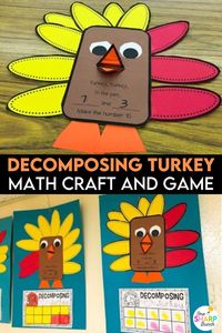 Looking for an interactive, easy, and thematic way to help build number sense? This decomposing turkey craft and math activity are a great way to work on decomposing the numbers 5 and 10. This turkey math game involves students using counters to build the number 10 or 5 or their ten frames. To learn more about this decomposing turkey math game head to the full post!