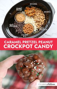 This crockpot candy recipe is amazing! Peanuts, chocolate, pretzels, and caramel - and you can make the whole thing in your crockpot! It's our favorite Christmas candy.