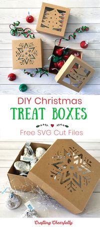 These DIY Christmas Boxes are a perfect holiday project for your cutting machine! Grab the free SVG cut files at Crafting Cheerfully. The boxes are the perfect size to fill with sweet treats and tiny gifts. Four box designs including snowflake, tree, ornament and peppermint pattern.