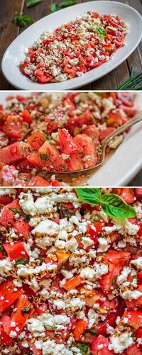 Tasty and simple Tomato Feta Salad made with fresh herbs, succulent tomatoes, creamy feta cheese and a touch of balsamic reduction. #tomatoes #feta #salad #mediterranean