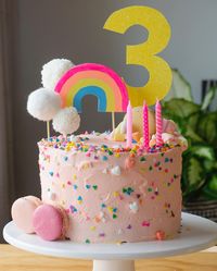 We celebrated this little lady turning 3 over the weekend. She wanted a pink cake with sprinkles and a rainbow 🙌🏻✨ . . . . . #kidsdecor #decorforkids #partystyling #birthdaycake #birthdaydecor #3rdbirthday #pompoms #childrensparty #partystyle #kidsparty #kidsbirthdayparty #decorlovers #colourpop #rainbowsandunicorns #ihavethisthingwithcolor #cakedecor #ohwowyes #caketopper #caketoppers