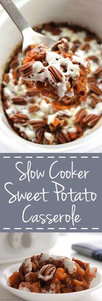 Slow Cooker Sweet Potato Casserole -No need to use precious oven space. Grab your Crock-Pot and get this traditional Thanksgiving side dish cooking.