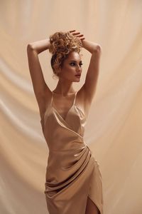 Viclans Satin Brown Dress with Thin Straps and Drapery on the Skirt | BOJONI