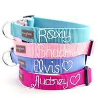 Just like our original webbing collars, but with hand embroidered flair!  You choose the color and tell us your dogs name, we make your dog this super cool personalized, head turning dog collar! *It's made with contoured military grade black plastic buckles that fit the curves of your dog's neck for ultimate comfort *It utilizes large gauge D-Rings so you can rest assured your pooch is secure on his or her lead *It's made of washable nylon webbing so you can keep your pup's specialty dog collar in pristine condition *It's made in the USA *It's built to last--we use tough nylon webbing that can withstand over 3,100 pounds of pressure No matter if you have a Great Dane or a toy poodle, you will find a Mimi collar that fits just right, is super strong, and matches your dog's hip style.  Buckl