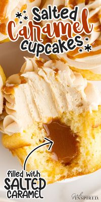 Salted caramel cupcakes are light, fluffy, made with a box cake mix, filled with salted caramel, and topped with an ultra-thick and fluffy caramel frosting. 