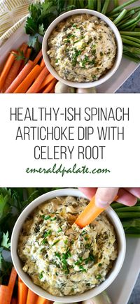 This healthy take on a spinach artichoke dip uses celery root, less cheese, and healthier substitutes to create a celery root dip everyone won't be able to stop raving about. It's the perfect Super Bowl snack recipe and comes together in a pinch thanks to a slow cooker. #celeryroot #celeryrootrecipes #celeryrootdip #spinachartichokedip #spinachartichoke #easyspinachartichokedip #spinachartichokedipcrockpot #healthyspinachandartichokedip #healthyspinachartichokedip #healthysuperbowlsnacks #...