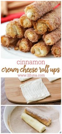 Delicious Cinnamon Cream Cheese Roll-Ups - a simple and yummy breakfast treat. White bread flattened and rolled with a cream cheese and powdered sugar mixture, dipped in butter, cinnamon, and sugar! #cinnamoncreamcheeserollups #creamcheeserollups #cinnamonrollups #cinnamon #creamcheese