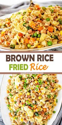 Brown Rice Fried Rice is a quick and easy recipe. Loaded with veggies, packed with bacon, fluffy egg, a savory sauce and chewy rice this dish ticks a lot of boxes. Brown fried rice or fried brown rice is versatile and lends itself to a number of serving suggestions. Whip up this Chinese style rice using minimal effort delivering maximum flavor! @sweetcaramelsunday