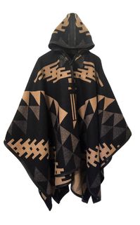 "Riding Poncho in Pendleton's Thunderbird. Traditional colors of Black and Tan make up this striking new pattern. Like the legendary Thunderbird, it will shield you from the weather. Pendleton's Thunderbird Riding Poncho is made of authentic Pendleton Wool, rugged leather trim and buffalo horn toggles. Perfect for campus, the store, the trail or the office its style is only surpassed by its warmth. Description of the pattern by Pendleton - \"The Menominee of Northern Wisconsin tell of a great mo