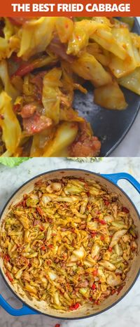 This Fried Cabbage recipe is insanely good! Made with bacon, onion, bell pepper, and a touch of hot sauce, it is easy to make, simple, and comes out perfect every time! #cabbage #dinner #thanksgiving #winter #bacon