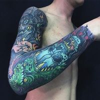 Green Gorilla With Blue Skull Mens Colorful Full Sleeve Tattoos