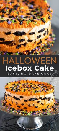 Halloween Icebox Cake made with layers of oreo cookies and homemade whipped cream. This icebox cake is the perfect no-bake dessert for Halloween. Just assemble, chill and enjoy! #HalloweenTreatsWeek #sponsored #iceboxcake #dessert #Halloween