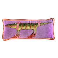 Patience Brewster’s Gloria alligator is a tribute to humor, to kicking up your heels, and to grinning, no matter what. The Patience Brewster Gloria alligator pillow is embellished with beading, embroidery, tiny sequins, and a bit of grosgrain ribbon on a background of cotton linen. MacKenzie-Childs | MacKenzie-Childs Patience Brewster Gloria Alligator Lumbar Pillow 9.0 H x 22.0 W x 2.0 D in green / indigoPolyester / Polyfill / Linen / Textured | 9" H X 22" W X 2" D | Wayfair