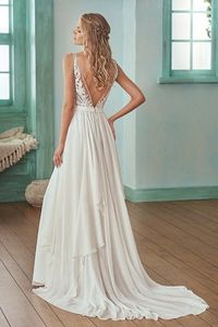 F201007 Illusion Bodice , V-neck Lace & Chiffon Wedding Dress