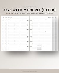 2025 Weekly Planner Printable WO2P, Daily Hourly Template for Personal Study Work, Week At A Glance, Weekly Overview with Checklist, Minimal Week on Two Pages Sheet, Monday Start, FC Compact Disbound Inserts  [💡MonthlyJoy's CheckPoint!] 2025 𝑾𝒆𝒆𝒌𝒍𝒚 𝑷𝒍𝒂𝒏𝒏𝒆𝒓 𝑭𝑪 𝑪𝒐𝒎𝒑𝒂𝒄𝒕 𝑺𝒊𝒛𝒆 𝑰𝒏𝒔𝒆𝒓𝒕𝒔 𝑷𝒓𝒊𝒏𝒕𝒂𝒃𝒍𝒆.  · Cover (1 page) + 2025 Weekly Dated Inserts (106 Pages) = Total 107 Pages (*𝑴𝒐𝒏𝒅𝒂𝒚 𝑺𝒕𝒂𝒓𝒕 𝑶𝒏𝒍𝒚!)  · Date | Week (Mon to Sun) · Schedule, To-do list, Notes, Habit Trackers, Next week