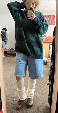 jorts striped sweater blue and dark green leg warmers brown clogs fit inspiration autumn girl