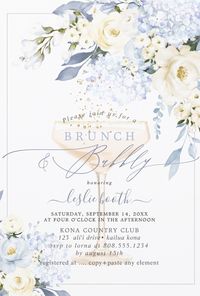 Elegant brunch and bubbly bridal shower invitations featuring watercolor hydrangeas and roses. Bridal brunch invites. afflink