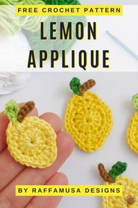 Make a beautiful lemon applique to embellish your crochet summer creations. The free crochet pattern for this lemon applique comes in two sizes for a large and smaller lemon. #lemons #appliques #freecrochetpattern #fruitapplique #crochetfruit #lemonapplique #lemonapplication #crochetlemontoappliqueon #summercrochet #crochet