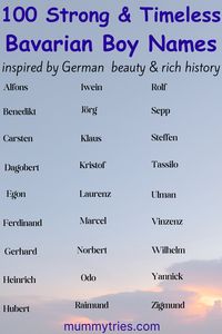 Discover a captivating collection of Bavarian baby boy names that are strong, meaningful, and rooted in tradition. Perfect for parents seeking unique and culturally rich names, this list features timeless classics and modern favorites inspired by Bavaria’s heritage. Click to find the perfect name for your little boy!